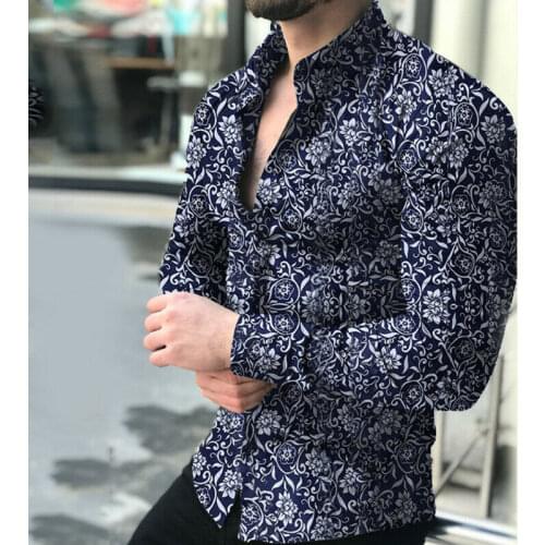 2019 Mens Floral Shirt Long Sleeve Printed Casual Blouse Button Lapel Dress Tops