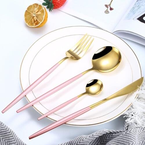 Stainless Steel Rose Gold 4 Piece Cutlery Set Knife Fork Spoon Tea Spoon Beautiful Western Cutlery Set Tableware Home Flatware