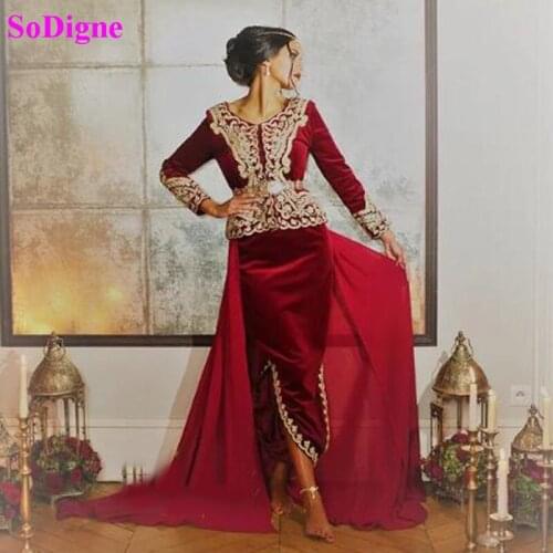 SoDigne Caftan Velvet Mermaid Formal Evening Dress With Long Sleeve Gold Lace Special Occasion Party Dress Algerian outfits