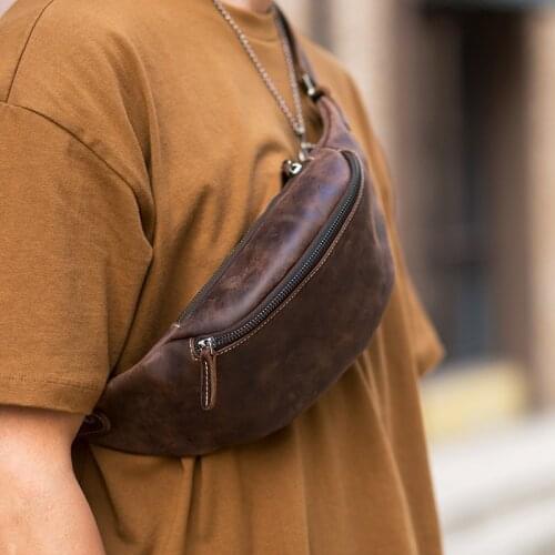 Retro first layer Crazy Horse cowhide zipper mens chest bag natural real leather multifunctional fashion mobile phone waist bag