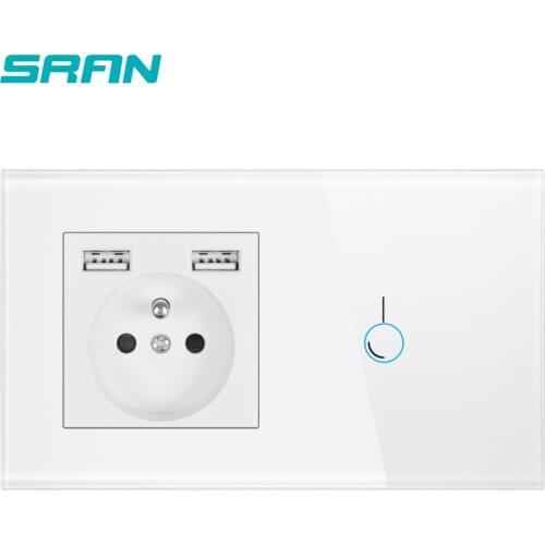 SRAN France sensor switch with socket,socket with usb crystal glass panel 146mm*86mm 16A socket with touch switch 1gang 1way
