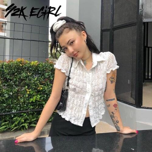 Y2K EGIRL 2000s Aesthetics White Lace Ruched T-shirts Y2K Vintage Ruffles Short Sleeve Tees Transparent Single-breasted Top Cute