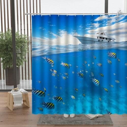 Ocean Blue Whale Dolphin Shower Curtain Sea Turtle Colourful Fish Sky Sunset Underwater World Forest Island Bath Screen Decor