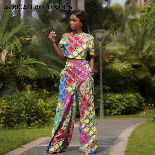 Womens Off Shoulder Blouse and High Waist and Wide Leg Pants 2021 Womens Two-Piece Printed High Waist Street Pants Set
