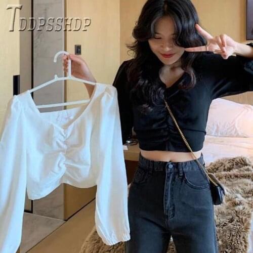 2020 Autumn Korean Puff Sleeve Women Blouse Black And White Short Style Female Blouses
