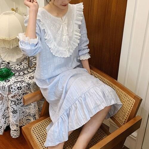 Women Lolita Dress Ruffles Blue Princess Sleepshirts Vintage Embroidered Flower Nightgowns.Victorian Nightdress Sleep Loungewear