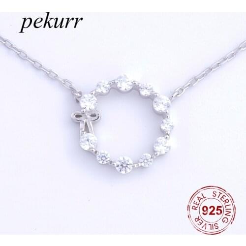 Pekurr 925 Sterling Silver 11 CZ Gems Round Circle Hoop & Bowknot Necklaces For Women Pandents Classic Chain Jewelry Gifts