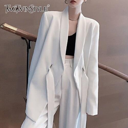 TWOTWINSTYLE Lace Up Bowknot Blazer Coat For Female Lapel Collar Long Sleeve Loose Hgih Waist Slimming Womens Casual Coat 2021