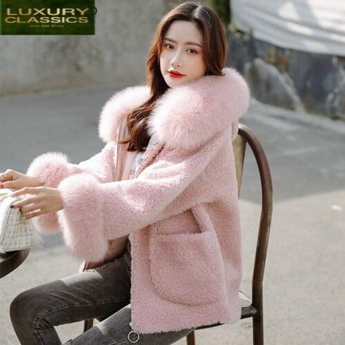 Winter Lamb Fur Autumn Coats Women Real Sheep Shearing Jakcets Women Natural Fox Fur Wool Overcoat Clothes 2021 LWL1388