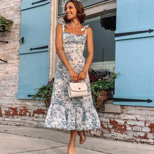 BOHO INSPIRED ROSE PRINTED TIE-STRAP MIDI DRESS women chic elegant ladies summer dress sexy women party dress vintage boho dress