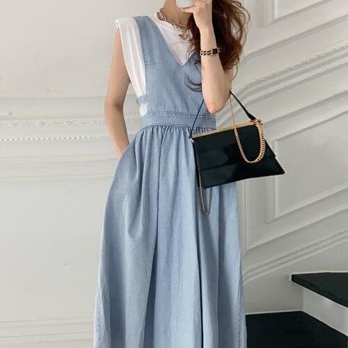 Boho A-Line Dress Summer Elegant Sexy High Waist Slim Vintage 2021 Dresses Women Sleeveless Party Solid Blue V-neck