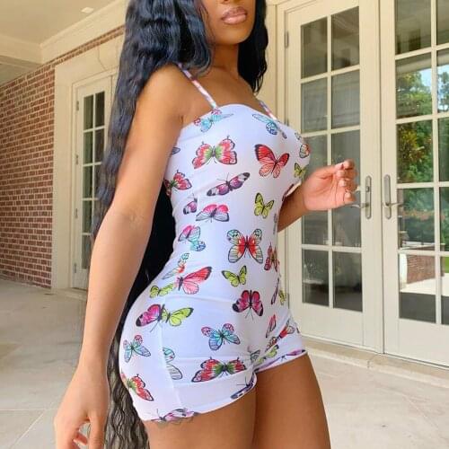 2021 New Women Butterfly Print Playsuits Summer Spaghetti Strap Bodycon Short Romper Jumpsuits Female Casual Sexy Clubwear