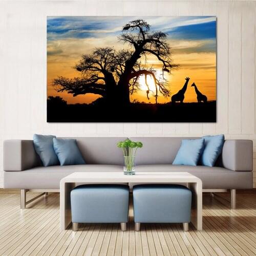 Africa Giraffe Dog Bird Art Sunset Animal Wall Print Deer Painting Canvas Big Sunset Posters and Prints Hanging Wall Pictures