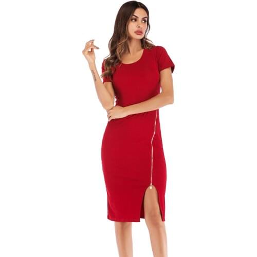 Black Dress Ladies dress women color Casual fashion Dresses Lace Party short sleeves Round collar Zipper split hip siod new 2020