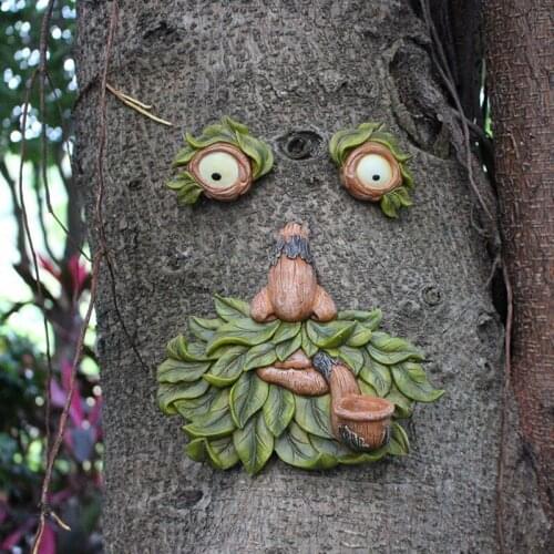 Tree Face Decor Outdoor Fun Old Man Tree Sculpture Yard Art Garden Decoration Eyes Can Glow in Dark