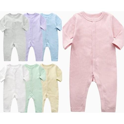 Infant Romper Soft Cotton Solid Baby Coming Home Outfit Long Sleeves with Buttons Design 7 Colors