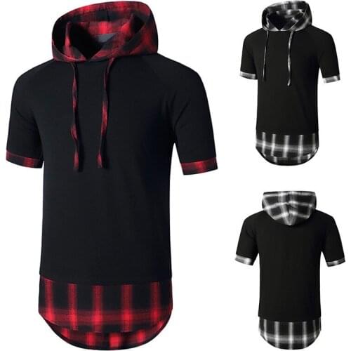 Plaid Short Sleeve T-shirt Men 2021 Summer Hooded t shirt Hip Hop t shirts ins Korean Youth Tee Loose Top Streetwear