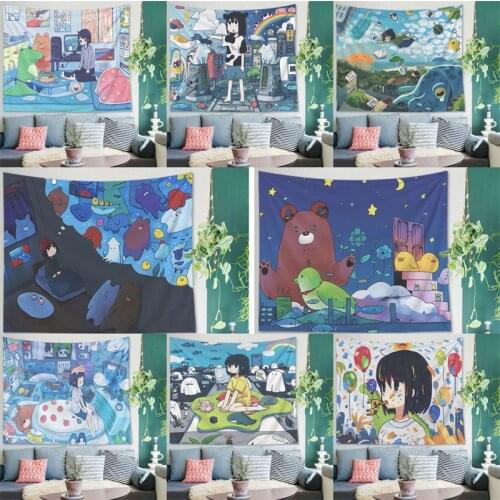 Cartoon Animal Bear Pattern Tapestry Home Decor DIY Cute Anime Girl Printed Tapestry Wall Hanging for Children Room Decorative
