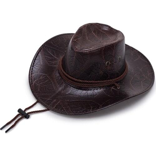 Summer Men Women Punk Leather Cowboy Fedoras Hats Leaves Print Boat Brim Jazz Hat for Outdoor