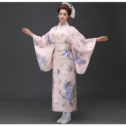 Womens Kimono Robe Traditional Japan Yukata pink Color flowers Prints Summer Dress Performing Wear Cosplay Clothing