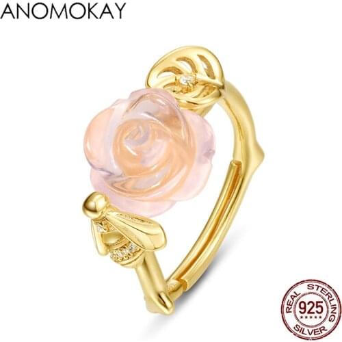 Anomokay Classic Natrue Pink Crystal Flower Gold Color Rings for Women Lovers Mom Real 925 Sterling Silver Leaf Bee Rings Gift
