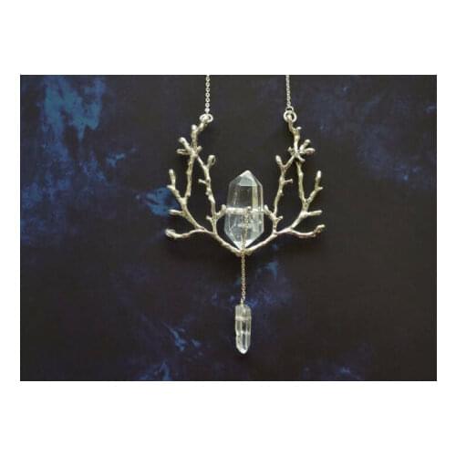 Clear Crystal Pendant - Quartz Necklace,Elven Jewelry,Witchy, Pagan,Gift for Her-Silver Plated Branch Pendant
