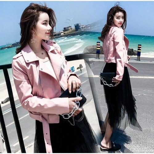 2020 New Spring Autumn PU Leather Jacket Faux Soft Leather Short Coat Slim Black Rivet Zipper Motorcycle Pink Jackets LX2597
