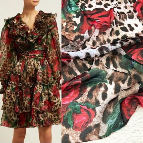 145cm Width Leopard Rose Flower Digital Painting Thin Chiffon Fabric For Woman Summer Dress Blouse DIY Cloth Sewing
