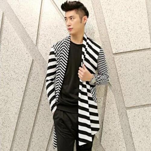 Men striped hip hop punk rock long sleeve t shirt knitted cotton tops long cardigan men nightclub DJ singer stage cape costume