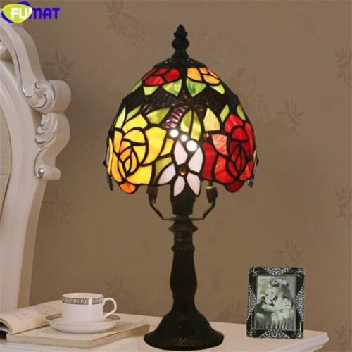 FUMAT stained glass table lamps flower rose orchid tiffany style desk light 6 inch e14 handicraft home arts decor lamp lighting