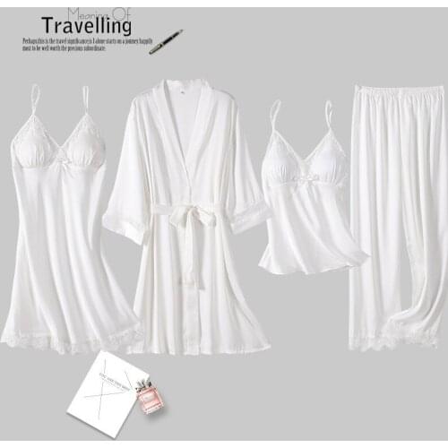 Spring New 4PCS Faux Silk Pajamas Suit Women Sweet Lace Bow Trim Home Wear Sexy V-Neck Strap Top&Pant Nightwear Casual Sleepwear