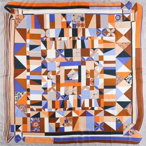 POBING 100% Silk Scarf Women Large Shawls Geometric Stoles Square Bandana Luxury Kerchief Hijab Scarf Female Foulards 130CM