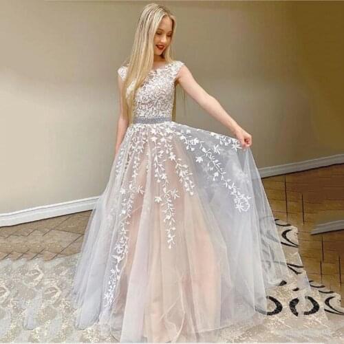 Vestido De Fiesta 2020 Princess Champagne A-Line Tulle Prom Dresses Lace Appliqued Women Formal Evening Party Gowns