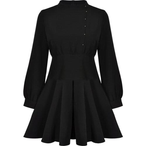 Vintage Black Gothic Dress Women Elegant Button Up 2020 Winter Dress Stand Collar Mini Female High Waist Dresses Autumn
