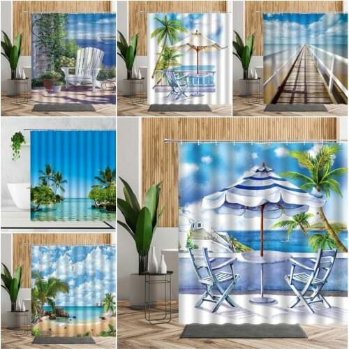 Beach Scenery Shower Curtain Sun Umbrella Seat Wooden Bridge Holiday Theme Home Decoration Background Waterproof Bath Curtains