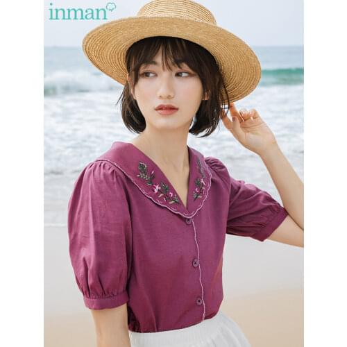 INMAN Summer Womens Elegant Blouse Pastoral Holiday Style Fresh Flowers Retro Wave Embroidery Lapel V-Neck Short Sleeve Top