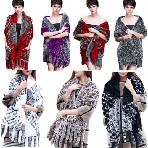 Real Rex Rabbit Fur Cape Women Winter Warm Scarf Shawl Wraps With Tassel and Pocket 190*35cm