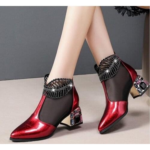 2021 New Sexy Sandals Boots Women Mid Heels Ankle Boot Patent Leather Mesh Thick Heel Pointed toe Shoes for Woman Zip Black Red