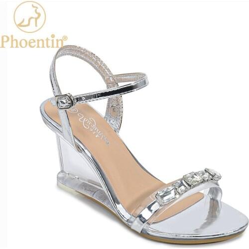 Phoentin crystal summer wedges shoes for women ankle buckle strap wedge heel sandals silver handmade shoes for women black FT998