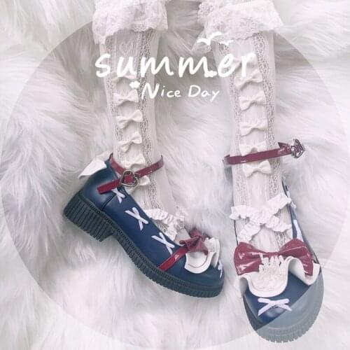 Sweet lolita shoes vintage round head thick bottom women shoes cute bowknot cross bandage kawaii shoes loli cosplay kawaii girl
