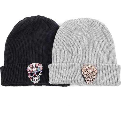 Woman Soft Wool Cotton Knitting Beanies Skull Bone Rhinestones Accessories Hats Ladies Girls Fashion Solid Color Elastic Caps