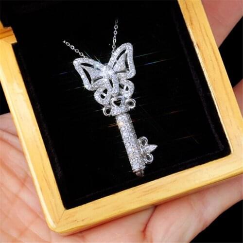 Luxury Butterfly Key Pendant AAAAA cz Stone 925 sterling silver Party Wedding Pendant necalace for women Bridal Jewelry Gift