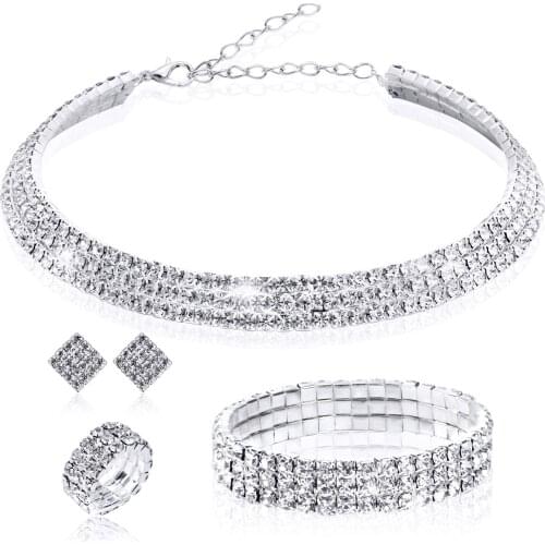 1set Simulated Pearl Crystal Bridal Jewelry Simple Crystal Women Choker ring Necklace Earrings Bracelet Wedding Jewelry Sets