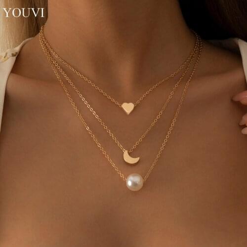 YOUVI Chain Necklace for Women Goth Sweet Heart Moon Pedant Necklace Set Elegant Pearl Choker Collar Jewelry Charms