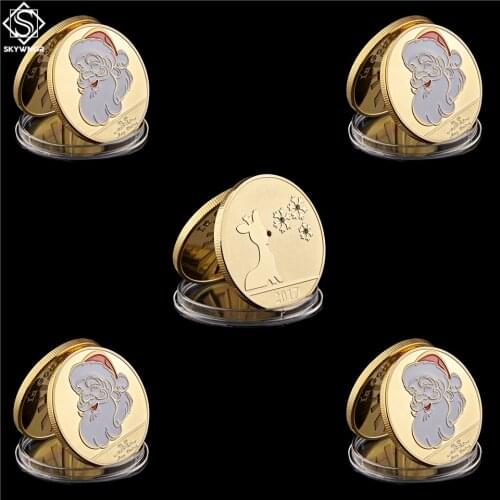 5PCS Christmas Decorations For Home Snow and Elk Deer Santa Claus Gold Collectible Token Coin Gifts