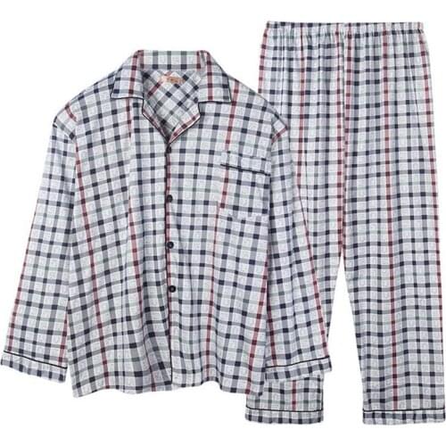Free Shipping Mens Plus Size Long Sleeve Turn-down Collar Sleepwear Set Soft Cotton Pajamas Nightgown Autumn Homewear 3XL-5XL