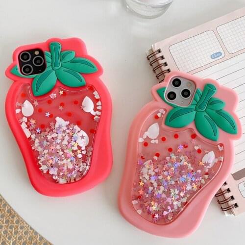 3D Fruit Strawberry Dynamic Glitter Liquid Quicksand Phone Case for iPhone 11 Pro XS Max XR X 6S 7 8 Plus Soft Silicone Cover
