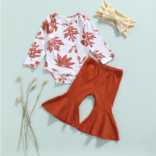 0-18M Newborn Baby Girls Clothes Infant Autumn Set Maple Leaf Long Sleeve Romper Flare Pants Headband Spring Outfits Suit