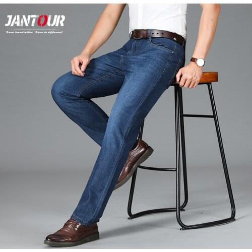 Jantour Brand Mens Thin Jeans 2021 Summer Business Casual Straight Fit Elastic Classic Style Trousers Black Blue Pants Male