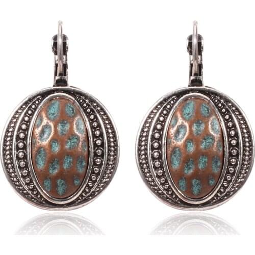 HC Vintage Round Drop Bohemian Earrings Women Tribal Dangle Jewelry Earrings Antique Brass Blue Flower Carved Retro Earrings F